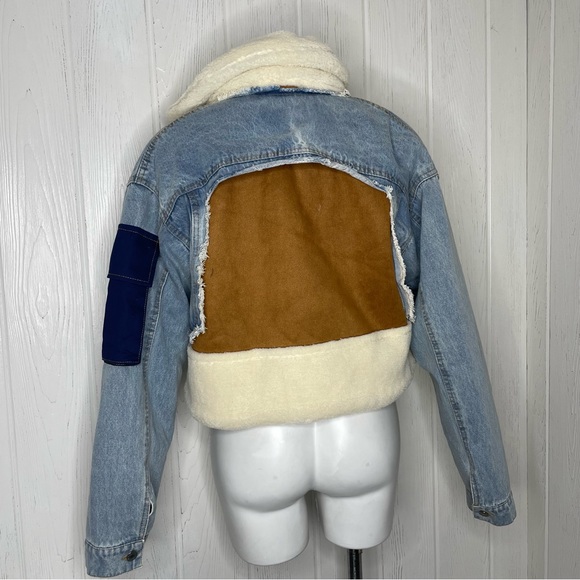 NWT BIDA Denim Patchwork Jacket Large Vegan Sherpa Coat Faux Suede Cropped NEW - Picture 4 of 10